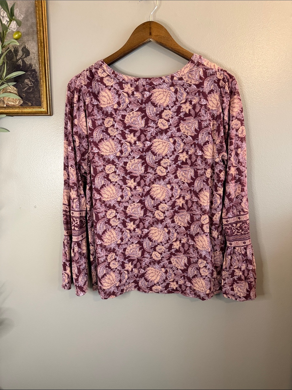 Lucky Brand Floral Bell Sleeve Top Large Boho Paisley Peplum Cotton Modal Purple - Picture 5 of 8